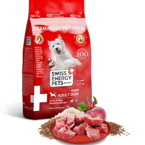 SWISS ENERGY PETS pentru câini adulți de talie mică și medie cu miel și orez 1,0 kg